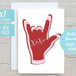 I Love You xoxo Red Pink ASL Lingua dei Segni Mano 5x7 Biglietto di auguri stampabile / DOWNLOAD DIGITALE / Regalo di San Valentino Amico Interprete sordo