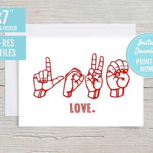 Love Finger Spelling ASL Gebarentaal 5x7 Afdrukbare Wenskaart | DIGITALE DOWNLOAD | Valentijnsdag Cadeau Liefde Dove Tolk Leraar