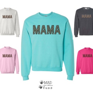 MAMA Leopard Print Crewneck Sweatshirt | Gray Blue Pink Adult Cozy Shirt | Mom Gift Boy Mom Girl Mom | Mama T-Shirt Soft | Mothers Day