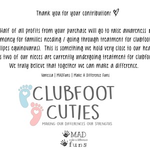 以下が含まれることがあります： 「Clubfoot Cuties」というテキストと「Making our differences our strengths」というタグラインが書かれたグラフィック。グラフィックには、ハートが中央にあるスタイリッシュな足跡が2つ（青とピンク）も含まれています。「MAD make a difference funs」というテキストも含まれています。