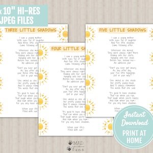 Puede incluir: Archivos JPEG imprimibles de alta resolución de 8x10 pulgadas de rimas infantiles sobre tres, cuatro y cinco pequeñas sombras que siguen a una joven madre. Cada rima está ilustrada con un sol amarillo y el texto está en negro.