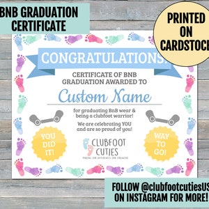 Certificado de graduação da Boots-n-Bar impresso e enviado | Presente de graduação do Clubfoot Cuties BNB | Botas de bebê com pé torto | Ponséti | Festa de graduação
