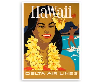 May include: A vintage travel poster advertising a trip to Hawaii with Delta Air Lines. The poster features a woman wearing a flower lei and a man surfing in the ocean. The text "Hawaii" is in large, bold letters at the top of the poster.