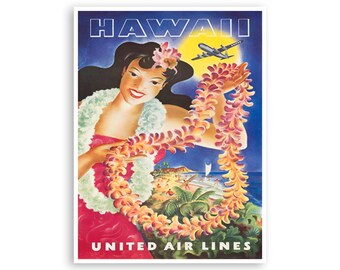May include: Vintage travel poster advertising a trip to Hawaii with United Airlines. The poster features a woman wearing a flower lei and a red dress, with a plane flying overhead and a beach scene in the background. The text "HAWAII" and "UNITED AIR LINES" are featured on the poster.
