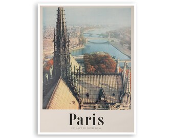 May include: A vintage travel poster featuring a view of Paris from the top of Notre Dame Cathedral. The poster has a beige background with the word "Paris" in black text and the words "Du Haut De Notre Dame" in smaller black text.