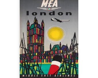 Peut inclure: Une affiche de voyage vintage faisant la publicité de vols vers Londres avec Middle East Airlines. L'affiche présente une image stylisée des Chambres du Parlement avec un drapeau rouge, blanc et bleu au premier plan. Le texte "MEA London" est affiché en gras, en blanc, en haut de l'affiche.