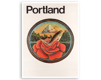 May include: A vintage poster with the word "Portland" in black text at the top. The poster features a circular design with a red rose, a jumping fish, and a mountain in the background. The design is set against a white background.