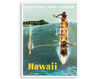 May include: A vintage travel poster for United Airlines featuring a group of people paddling a canoe in the ocean. The poster has a blue background with the text "Hawaii" in yellow letters. The poster also features a mountain range in the background.