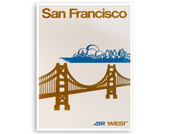 May include: A vintage travel poster featuring a gold silhouette of the Golden Gate Bridge with the San Francisco skyline in the background. The text "San Francisco" and "AIR WEST" are in gold lettering.
