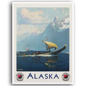 May include: Vintage travel poster advertising a trip to Alaska with a view of a mountain range and a canoe with a sail in the foreground. The poster features the text "ALASKA" and the logo for the Northern Pacific Railway.