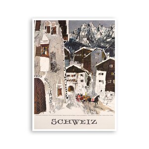 May include: A vintage travel poster featuring a snowy mountain village scene with a horse-drawn carriage in the foreground. The poster is titled "SCHWEIZ" in bold, black lettering.
