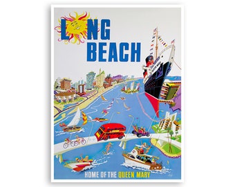 Puede incluir: Un cartel de viaje vintage para Long Beach, California, con un sol amarillo brillante con una cara sonriente, el texto "Long Beach" en azul y un transatlántico rojo y blanco. El cartel representa una escena colorida del horizonte de la ciudad, una playa y personas disfrutando de diversas actividades, como nadar, navegar y andar en bicicleta. El texto "Home of the Queen Mary" está en la parte inferior del cartel.