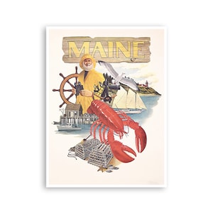 Maine Poster Vintage Travel Art Lobster Fisherman Print xr4385