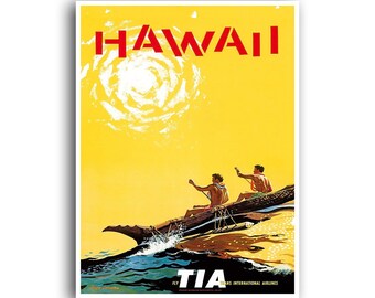 May include: A vintage travel poster advertising a trip to Hawaii with the text "HAWAII" in red letters and "FLY TIA" in red letters. The poster features a yellow background with a white swirl design and a depiction of two people in a canoe on the ocean.