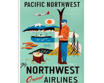 Può includere: Un poster vintage di viaggio che pubblicizza Northwest Orient Airlines con il testo "Fly Northwest Orient Airlines" e "Pacific Northwest". Il poster presenta un'illustrazione stilizzata di un uomo in piedi sugli sci, un aereo che vola sopra, una barca in acqua e una foresta.