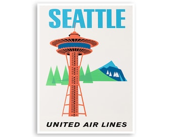 Könnte beinhalten: Ein Vintage-Reiseposter, das eine Reise nach Seattle, Washington, bewirbt. Das Poster zeigt eine stilisierte Illustration des Space Needle, einer Bergkette und Bäumen. Der Text "Seattle" ist in Blau und der Text "United Air Lines" ist in Schwarz.