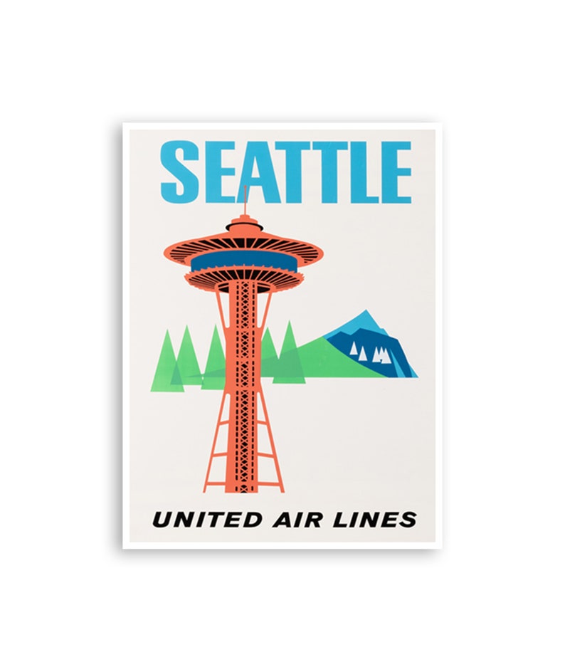 Seattle Travel Poster Washington Print United Airlines Art Xr3369a Etsy