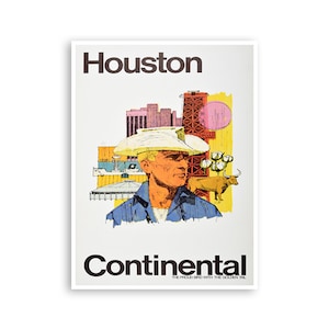 Houston Art Texas Travel Poster Continental Airlines Print Cowboy Painting xr3493a