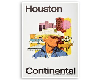 Houston Art Texas Travel Poster Continental Airlines Print Cowboy Painting xr3493a