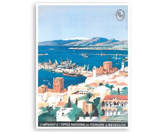 May include: A vintage travel poster advertising tourism in Beirut, Lebanon. The poster features a colorful illustration of the city's harbor with boats, buildings, and mountains in the background. The text on the poster reads "s'adresser a l'office national du tourisme a beyrouth".