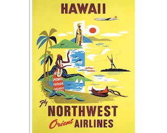 May include: A vintage travel poster advertising Northwest Orient Airlines flights to Hawaii. The poster features a yellow background with a stylized image of a Hawaiian island with palm trees, a woman in a hula skirt, a man in a traditional Hawaiian outfit, and a red canoe. The text "Fly Northwest Orient Airlines" is in brown letters at the bottom of the poster.