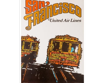 May include: Vintage travel poster for San Francisco, featuring two cable cars in orange and yellow against a white background. The poster includes the text "San Francisco" in large, stylized letters, and "United Air Lines".