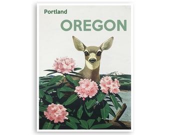 May include: A vintage travel poster featuring a deer with pink rhododendron flowers in the foreground. The text "Portland OREGON" is at the top of the poster.