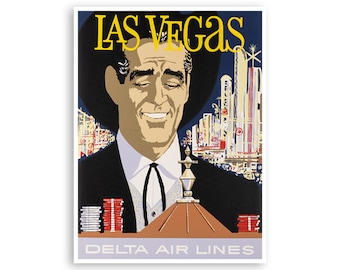 Peut inclure: Affiche de voyage vintage pour Delta Air Lines avec un homme souriant portant un chapeau noir, avec les mots "LAS VEGAS" en jaune. L'arrière-plan montre un paysage urbain stylisé avec des lumières de casino et une pyramide brune.