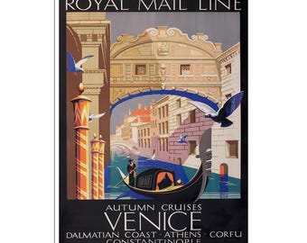 May include: Vintage travel poster for Royal Mail Line cruises to Venice. The artwork features a gondola on a canal, a bridge, and buildings in warm tones. The poster includes the text "Autumn Cruises Venice" and other destinations.
