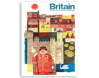 May include: A vintage travel poster for Britain, featuring a colorful illustration of a Beefeater guard, buildings, and a swan. The poster has the word "Britain" in blue, with the text "England is a country you'll enjoy". A red sun is in the upper left.