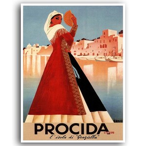May include: Vintage travel poster advertising the island of Procida, Italy. The poster features a woman in a red dress holding a fan, with a view of the island in the background. The text on the poster reads "Procida l'isola di "Graziella" Napoli."