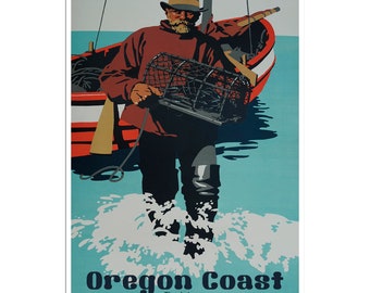 Oregon Coast Art Oregon Travel Poster Vintage Beach Print  xr2508a