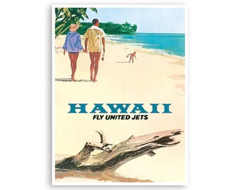 May include: A vintage travel poster advertising a trip to Hawaii. The poster features a couple walking on a beach with a child playing in the sand. The text on the poster reads "HAWAII FLY UNITED JETS".