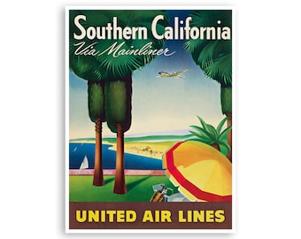 Op de afbeelding: Een vintage reisposter die reclame maakt voor een reis naar Zuid-Californië via Mainliner, een service van United Air Lines. De poster toont een strandscene met palmbomen, een gele parasol en een vliegtuig dat erboven vliegt. De tekst "Southern California via Mainliner" en "United Air Lines" staat op de poster.