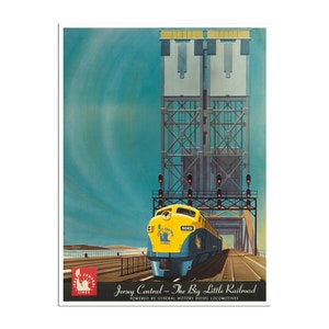 May include: A vintage travel poster for the Jersey Central Lines railroad featuring a yellow and blue diesel locomotive with the text "Jersey Central - The Big Little Railroad" and "Powered by General Motors Diesel Locomotives".