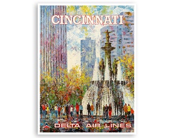 Peut inclure: Une affiche de voyage vintage faisant la publicité de Cincinnati, Ohio. L'affiche présente une peinture colorée et impressionniste d'une fontaine dans la ville, avec des bâtiments et des personnes en arrière-plan. Le texte "Cincinnati" est en haut de l'affiche, et "Delta Air Lines" est en bas.
