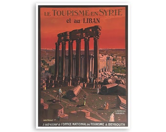 May include: A vintage travel poster advertising tourism in Syria and Lebanon. The poster features a red sunset sky with a view of the ruins of Baalbek, a UNESCO World Heritage Site. The text on the poster reads "LE TOURISME EN SYRIE et au LIBAN" and "LESRUINESCE BAALBECK".