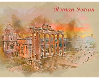 Rome Painting Roman Forum Art Italy Travel Poster Watercolor Print WB10a