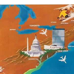 May include: A vintage travel poster advertising flights with BWIA. The poster features a stylized map of North America with major cities labeled, including Chicago, Detroit, Toronto, Ottawa, Montreal, Quebec, Boston, New York, and Washington. The poster also features a steamboat, a skier, and a crab.