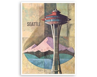 May include: A vintage travel poster featuring a stylized illustration of the Space Needle in Seattle, Washington. The poster has a muted color palette with shades of brown, green, blue, and pink. The Space Needle is depicted in the center of the poster, with a mountain range in the background and a body of water in the foreground. The text "SEATTLE" is printed in bold, brown letters at the top of the poster.
