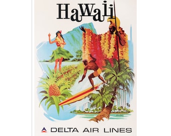 May include: A vintage travel poster advertising a trip to Hawaii with Delta Air Lines. The poster features a colorful illustration of a woman in a grass skirt, a man surfing, and a man in traditional Hawaiian clothing with a spear. The text "Hawaii" is written in bold black letters at the top of the poster.