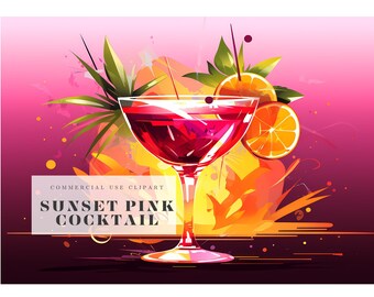 Pink Cocktail and Sunset Clipart for Commercial Use Transparent PNG, New Years Eve Clip Art, Cocktail Party Illustration, Digital Images