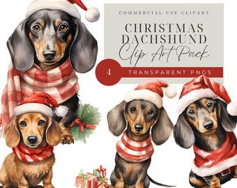 Christmas Dachshund Clip Art Set, Transparent PNG Clipart for Commercial Use, Dachshund Dog in Santa Hat, Lined and Unlined Stationery