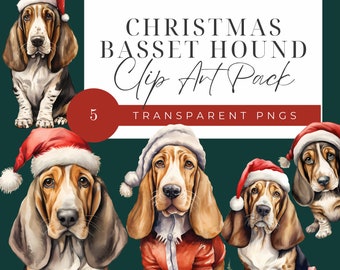 Christmas Basset Hound Clip Art Set, Transparent PNG Clipart for Commercial Use, Basset Hound Dog in Santa Hat, Lined and Unlined Stationery