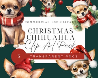 Christmas Chihuahua Clipart Set, Transparent PNGs, Clipart for Commercial Use, Chihuahua Dog in Santa Hat, Lined and Unlined Stationery