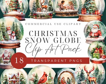 Christmas Snow Globe Clipart Set, Transparent PNGs, Clipart for Commercial Use, Santa, Nativity Scene, Christmas Tree, Snowman, Red Cardinal