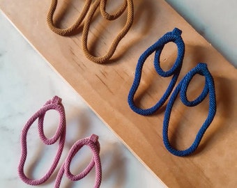 ROPE | Cotton Cord Rope Wrapped Brass Organic Double Loop Statement Large Earrings | Blue, Mustard & Pink
