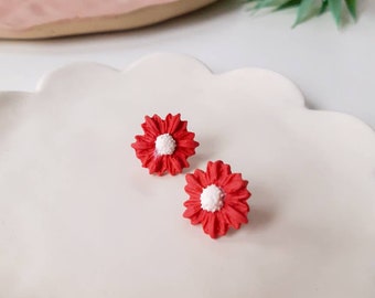 RASPBERRY DAISY STUDS | Floral Statement Handmade Polymer Clay Stud Earrings | Red/Pink
