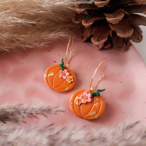 CINDERELLA PUMPKINS | Floral, Autumnal Statement Handmade Polymer Clay Earrings | Gold Plated 30mm Hoops | Halloween Orange