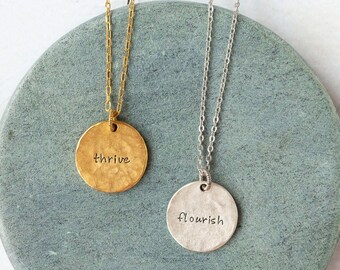 Personalized Hammered Gold Disc Necklace • Custom Word Silver Circle • Hand Stamped Word of the Year • Your Word Jewelry • Friend Gift